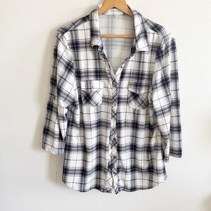 Eden & Olivia white brown blue  plaid knit button down top size XL